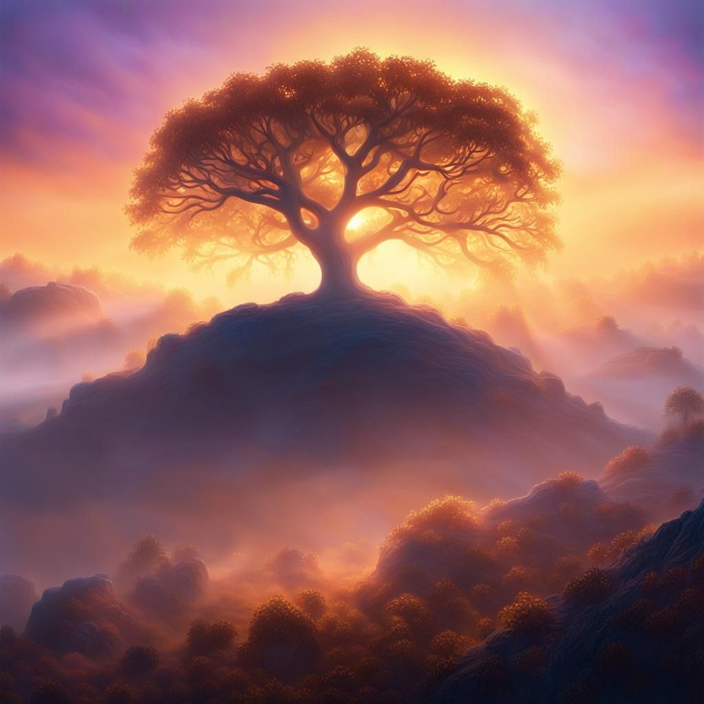 Mystical Tree in Misty Valley: Digital Matte Painting