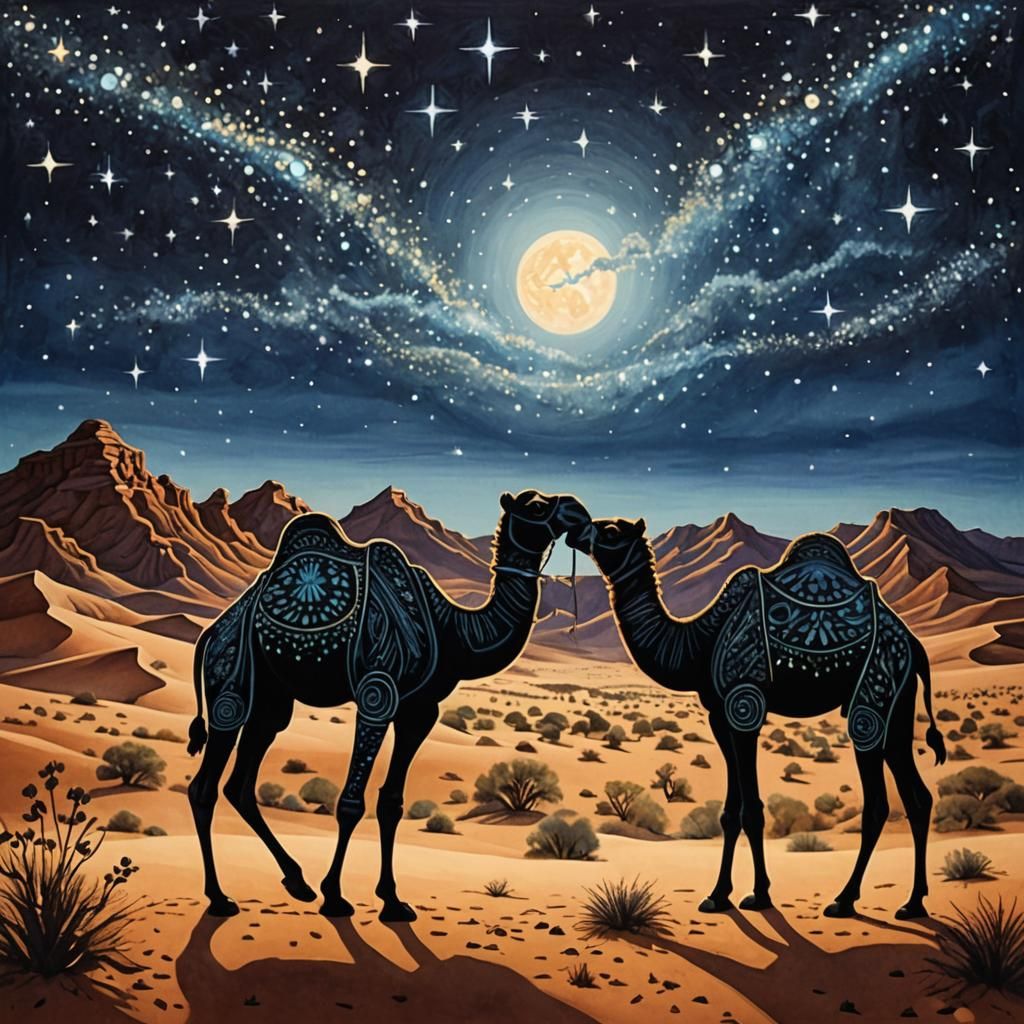 Starlit Camels in Desert Silhouette: Zentangle Art