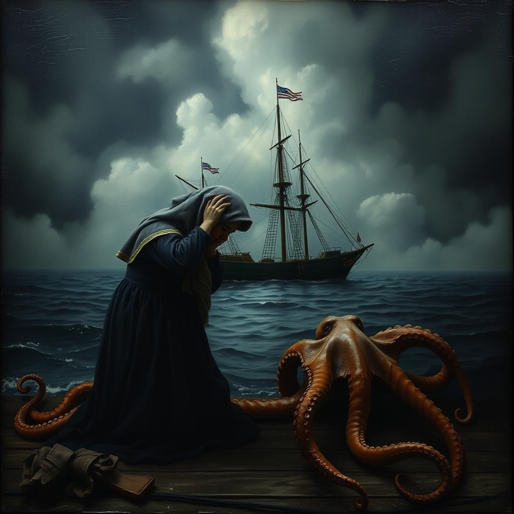 Weeping Sailor with Octopus in Chiaroscuro Style