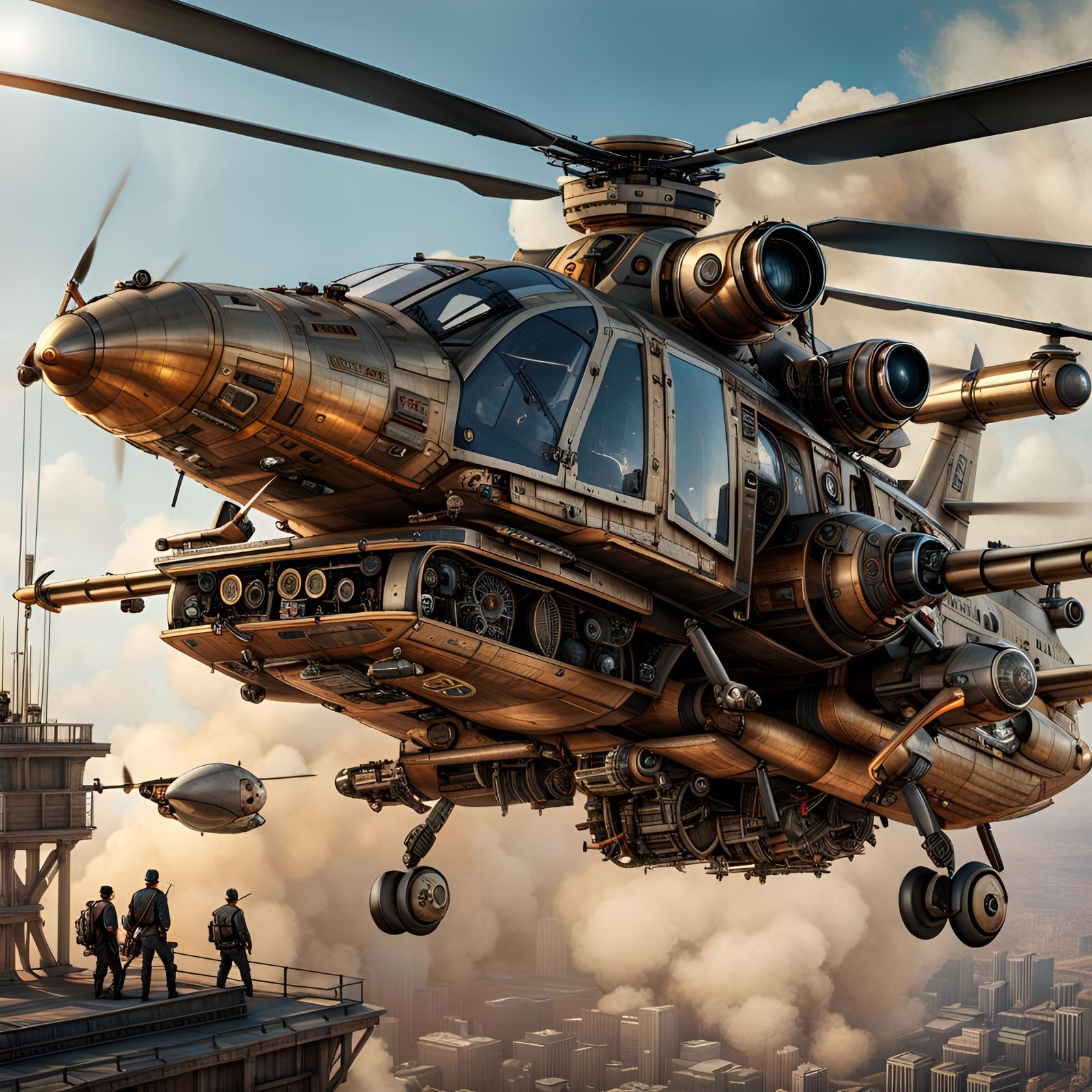 Steampunk Helicopter Gunship in Flight