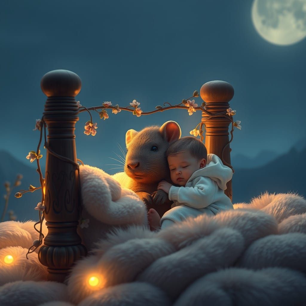 Cosmic Capybara Embraced by a Curious Child in a Dreamlike 8...