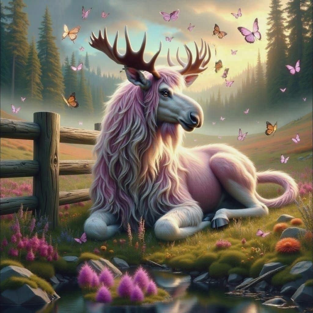 Moose Buffalo Hybrid Watching Butterflies, Hyperrealistic Ar...