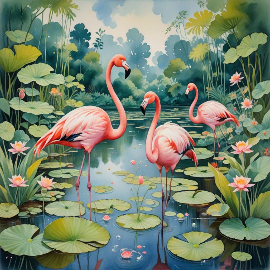 Whimsical Flamingos in a Serene Watercolor Scene