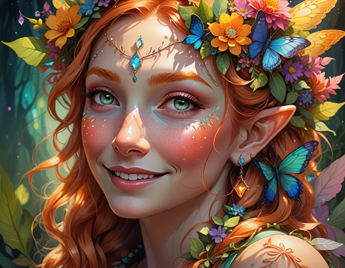 Ginger Spring Faerie with Rainbow Gem and Boho Style
