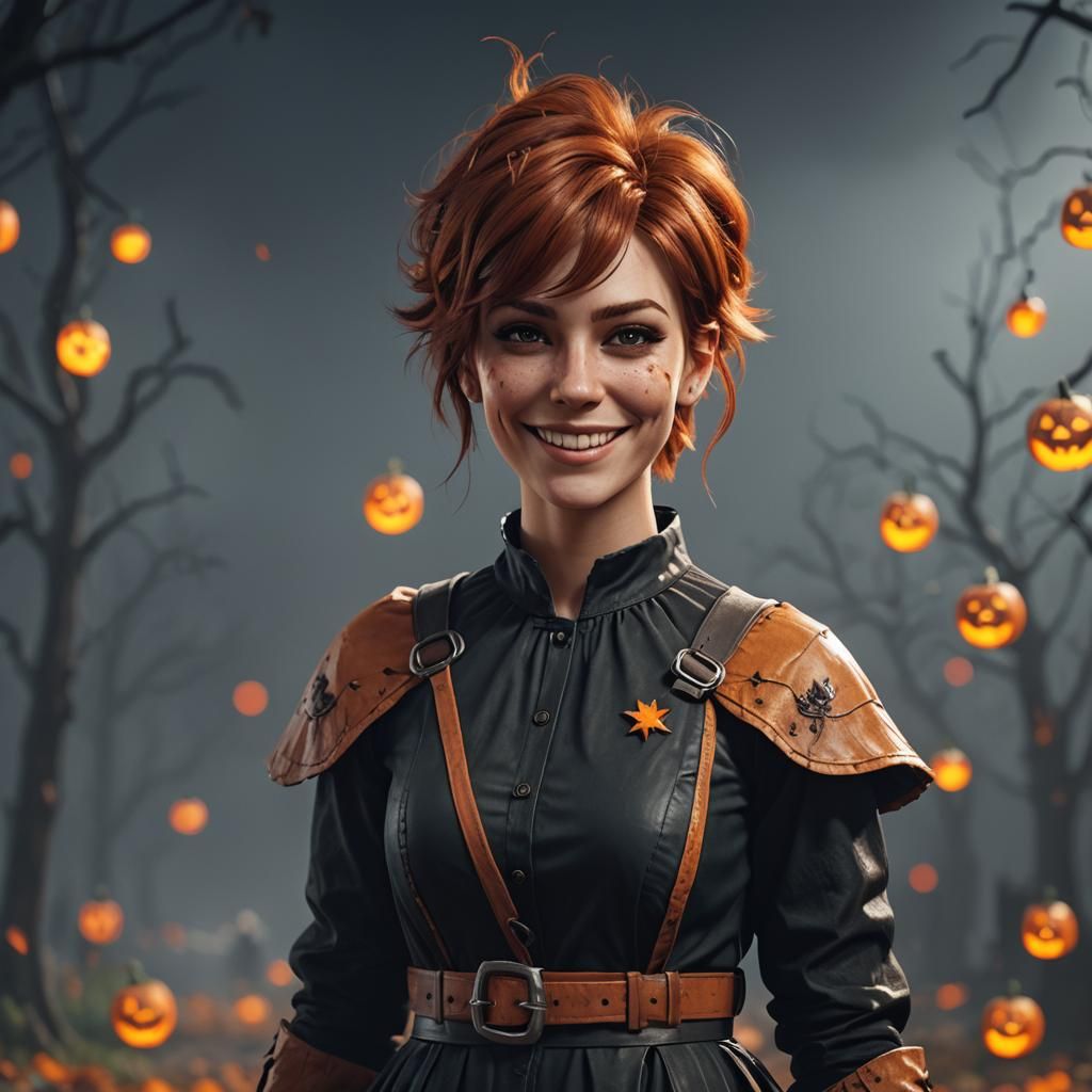 Auburn-Haired Woman in Halloween Costume: 3D Game Art