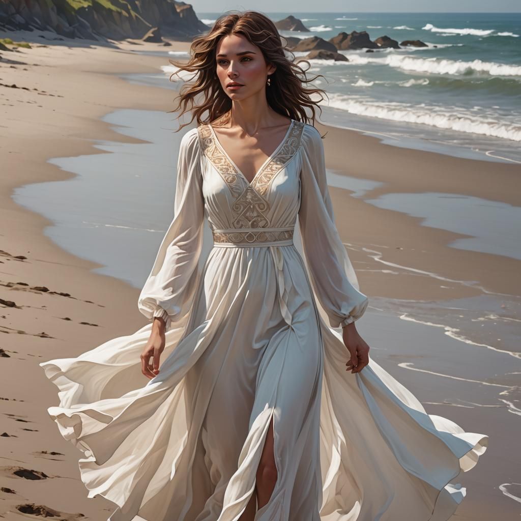 Woman in White Dress on Beach, Hyperdetailed Portrait