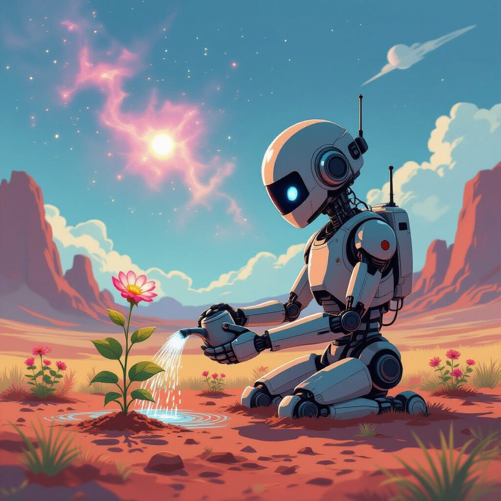 Weathered Robot Tends Vibrant Alien Garden in Watercolor Sty...