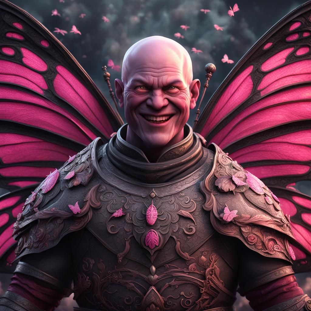 Grinning Gray God with Butterfly in Fantasy Art