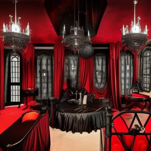 Vampire Penthouse with purple walls with black accents& Silver Gothic windows with Black curtains& Black Gothic furnitur...
