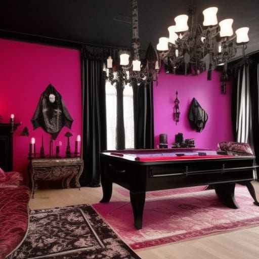 Vampire Penthouse with purple walls with black accents& Silver Gothic windows with Black curtains& Black Gothic furnitur...
