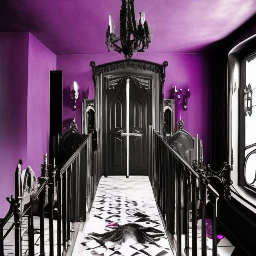 Vampire Penthouse with purple walls with black accents& Silver Gothic windows with Black curtains& Black Gothic furnitur...
