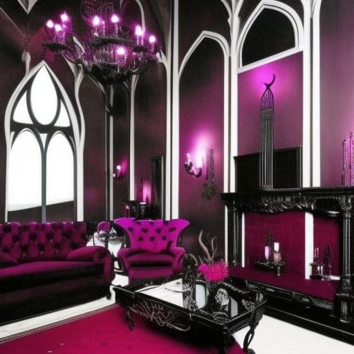 Vampire Penthouse with purple walls with black accents& Silver Gothic windows with Black curtains& Black Gothic furnitur...