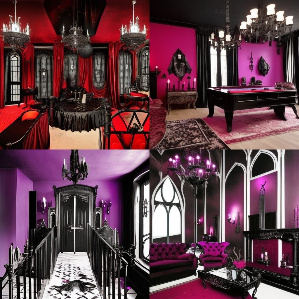 Vampire Penthouse with purple walls with black accents& Silver Gothic windows with Black curtains& Black Gothic furnitur...