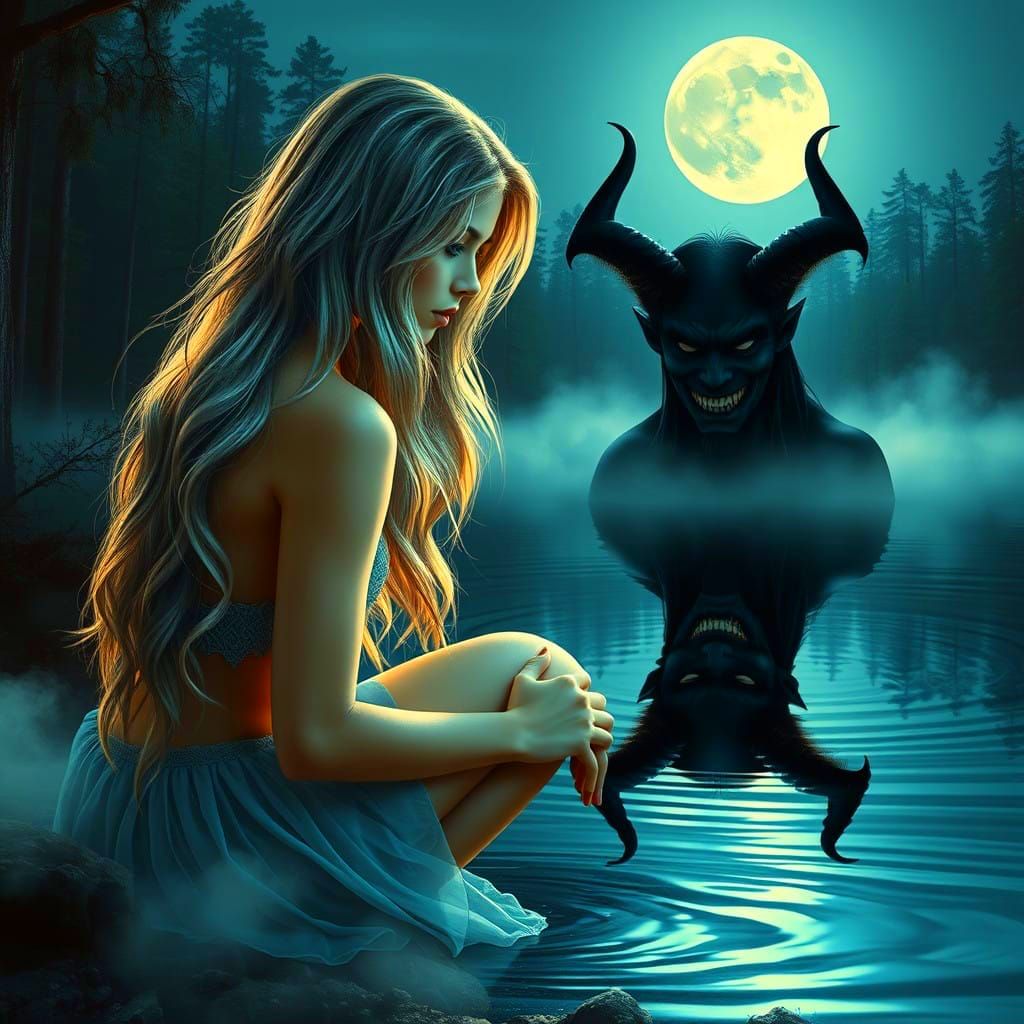 Ethereal Woman Surrounded by Moonlit Lake and Forest in Cybe...