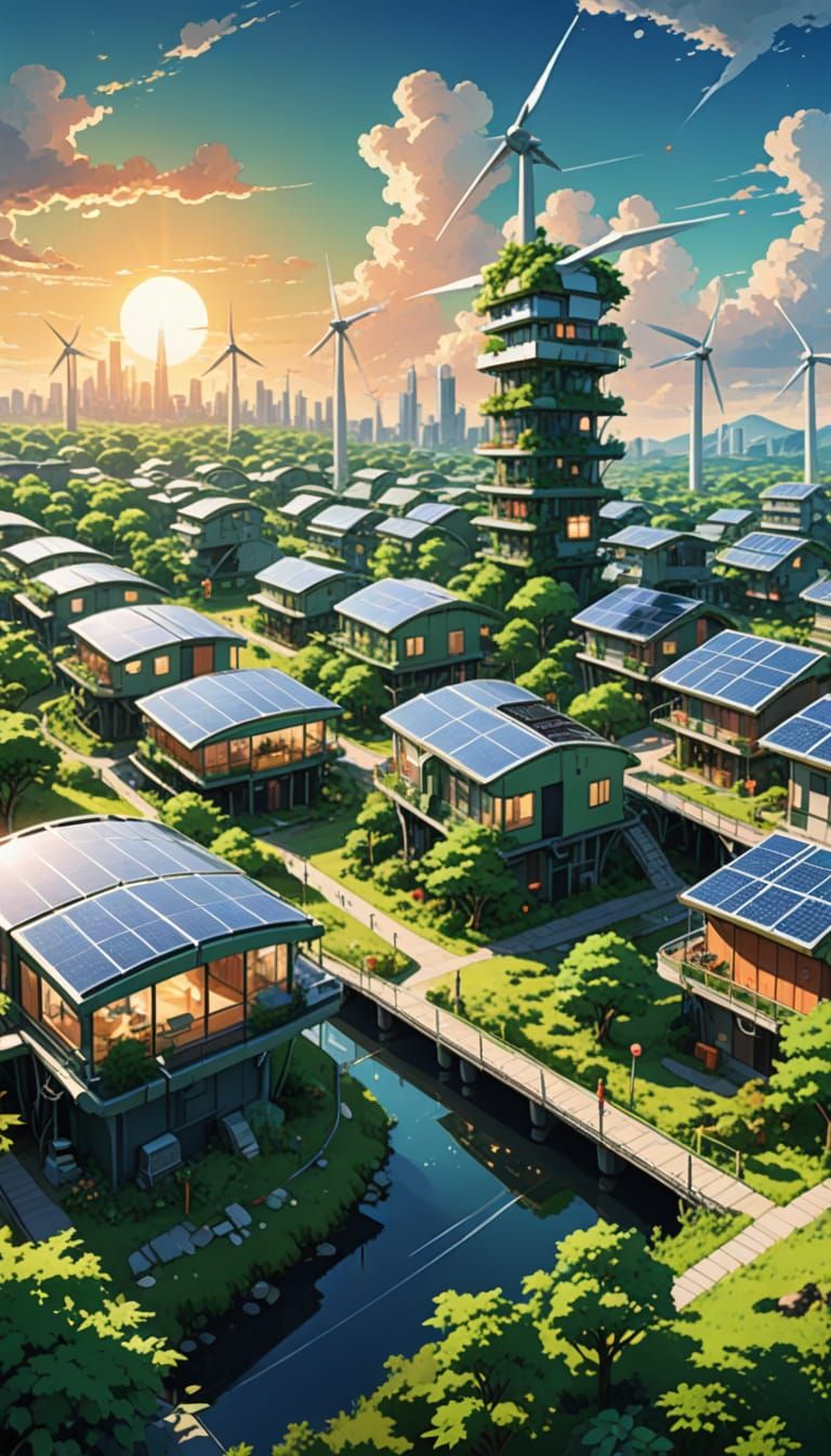 Eco-Friendly Futuristic Village with Solar and Wind Power