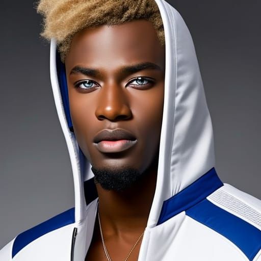 Beautiful Black man, long blonde stylishly cut hair,Bogner Ski Jacket, striking clear blue eyes,dark skin,clean shaven ...