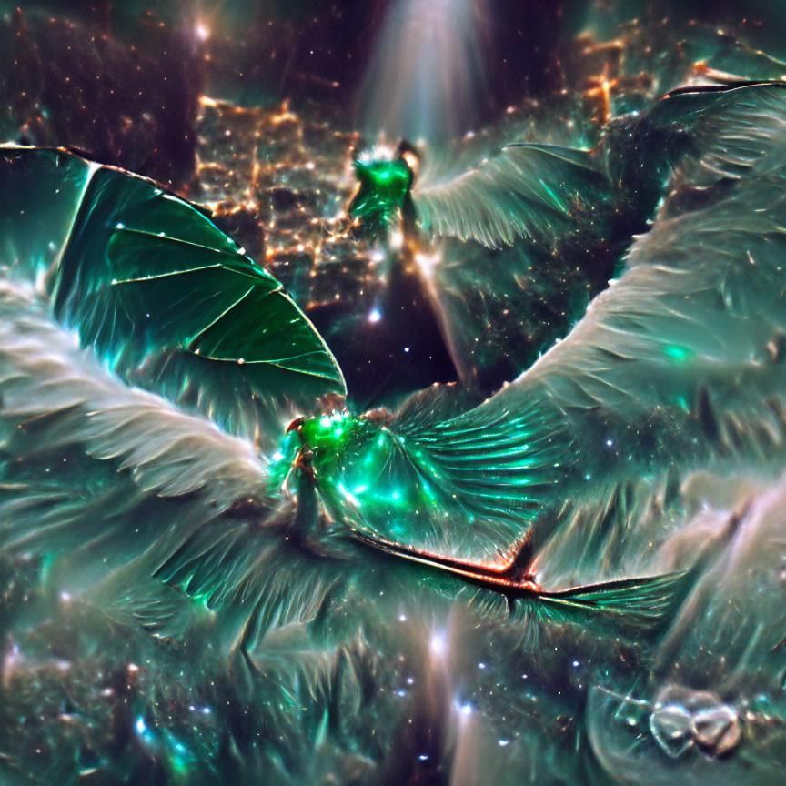 Angelic Figures Soaring Through Emerald Nebula