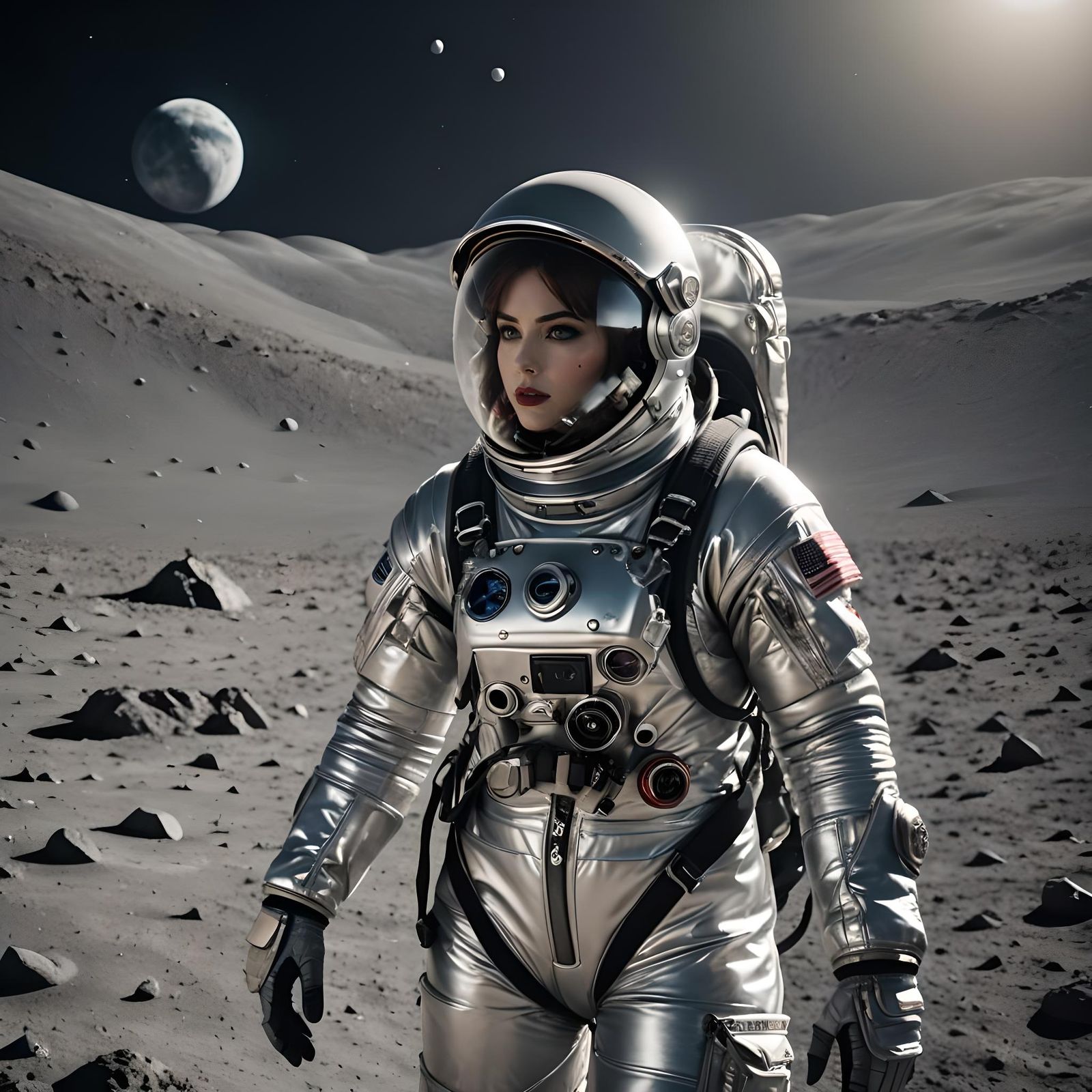 060 A beautiful female astronaut wearing a silver spacesuit ...