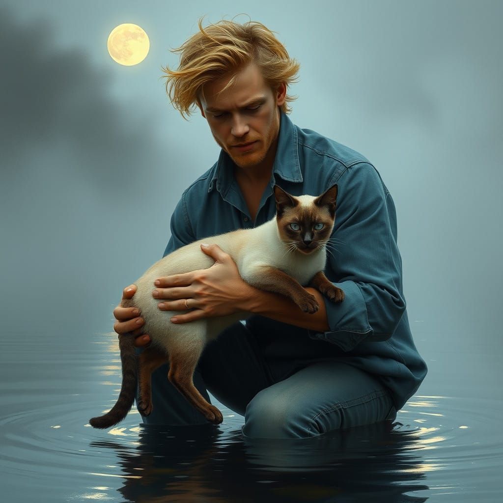 Man Cradles Sleek Siamese Cat on Misty Riverbank