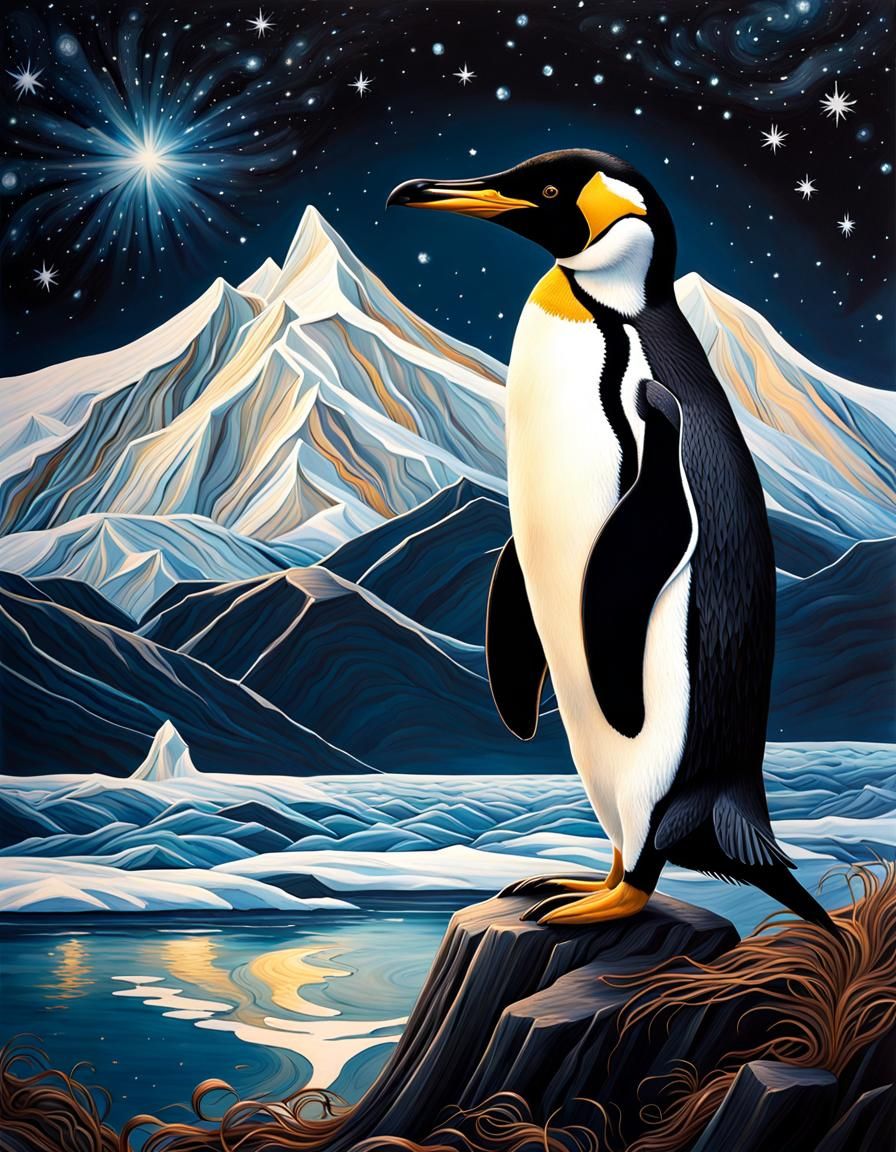 Crested Penguin Family Under Starry Tundra Sky