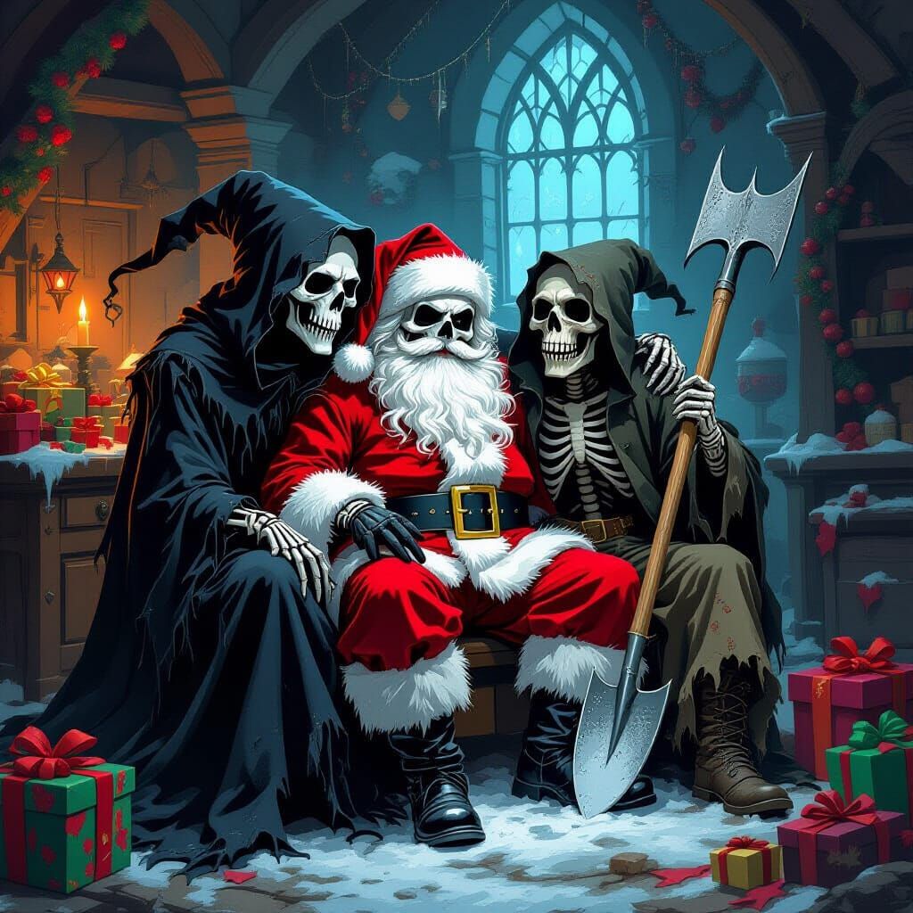 Grim Reaper and Grave Robber on Santa's Lap