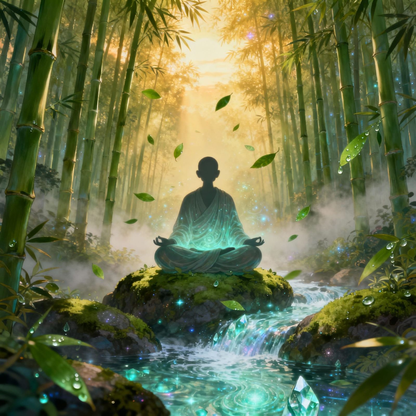 Ethereal Bamboo Forest at Dawn with Monk