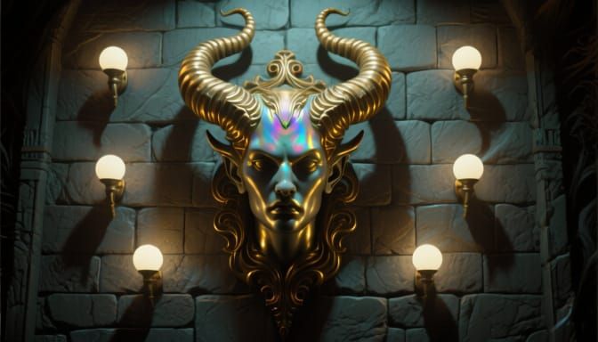 Golden Androgynous Face Sculpture with Spiral Horns