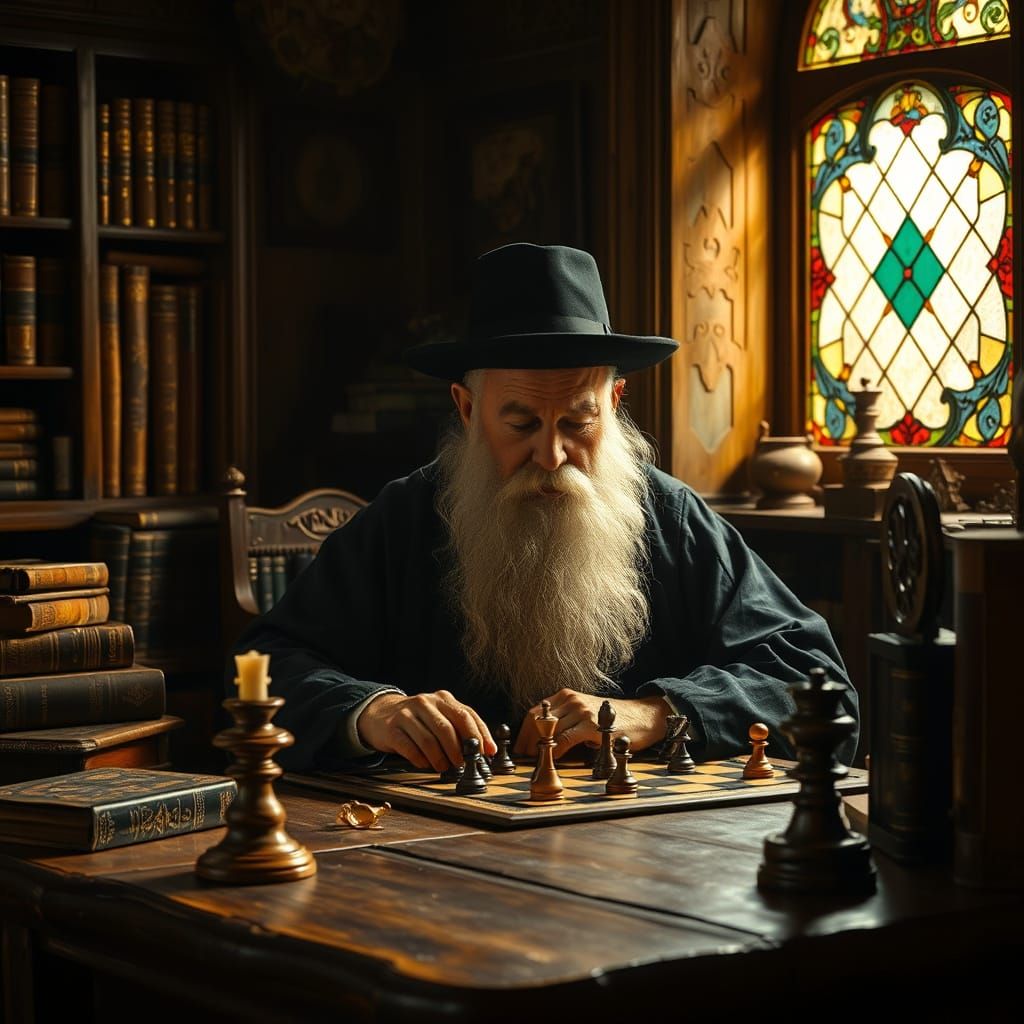 Rabbi Engrossed in Chess: A Baroque-Style Portrait