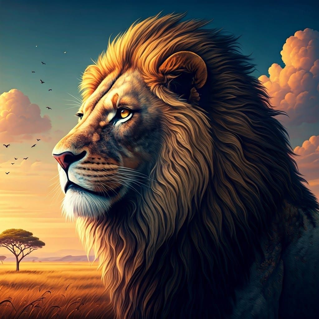 Lion Silhouette Reveals African Savannah: Fantasy Concept Ar...