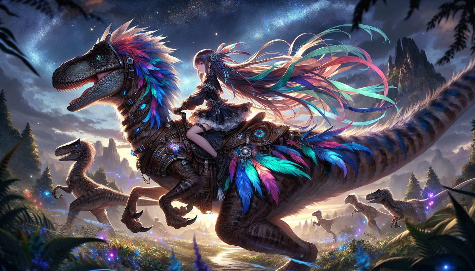 Anime Girl Rides Armored Velociraptor Through Enchanted Land...