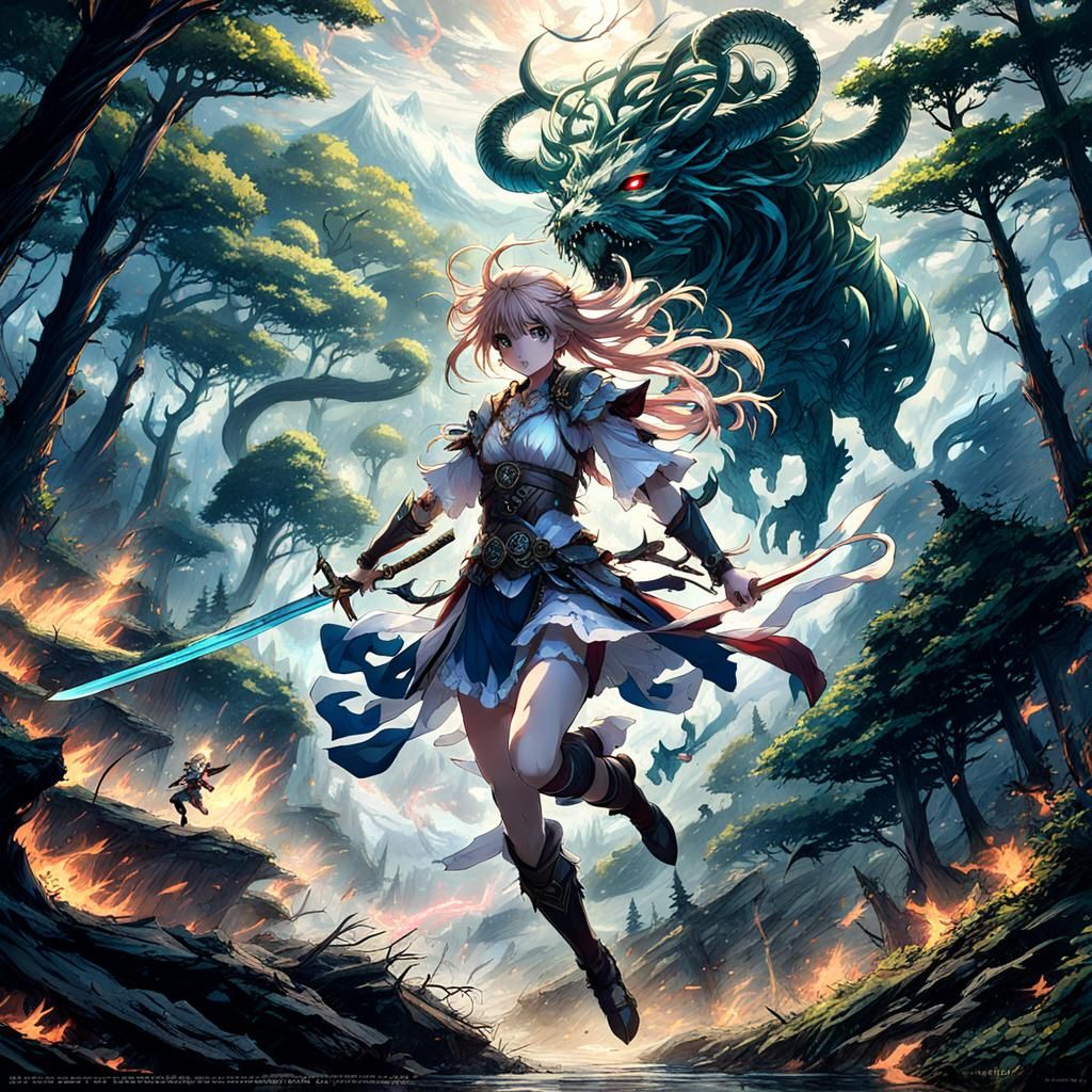 Warrior Maiden Attacks Gorgon in Anime Style