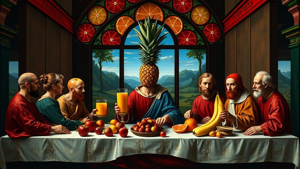 Surreal Fruit Last Supper in Stained Glass Style