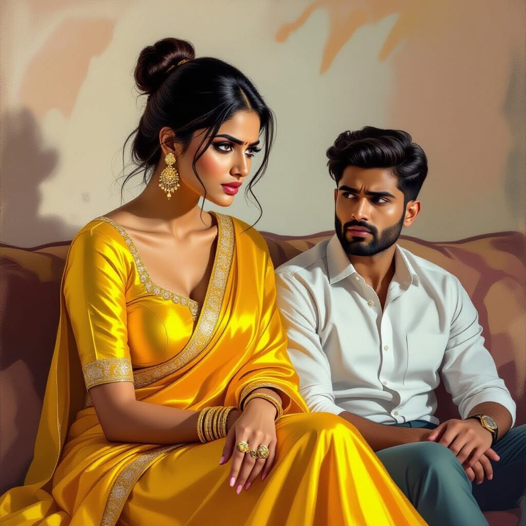 Attractive Indian Woman in Yellow Silky Outfit on Sofa