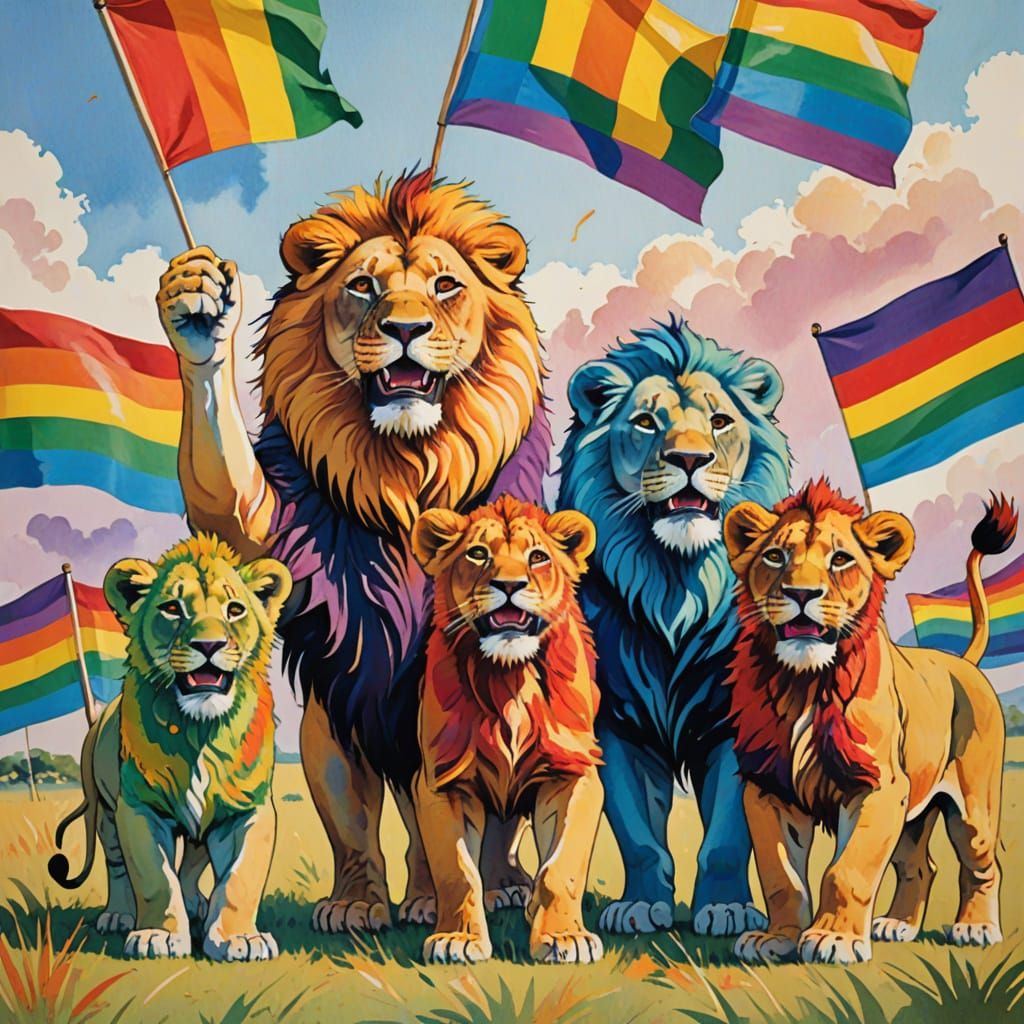 Rainbow Lions Pride Celebration in Gouache