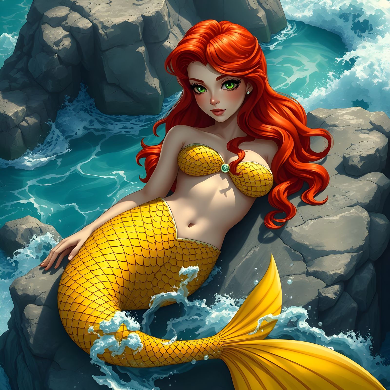 Redhead Mermaid Sunning Herself in Digital Illustration