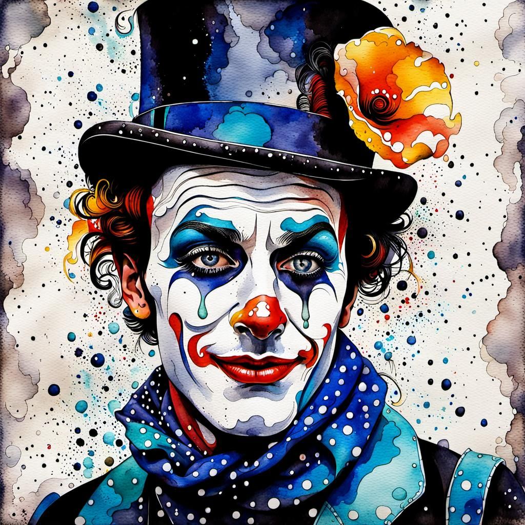 Sad Harlequin Mime Portrait in Watercolor Style