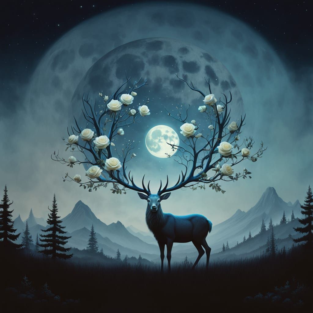 Fantasy Deer with Moon Antlers and Bioluminescent Roses