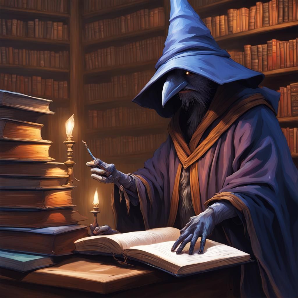 Kenku Wizard Studying in Forbidden Library, Hyperrealistic A...