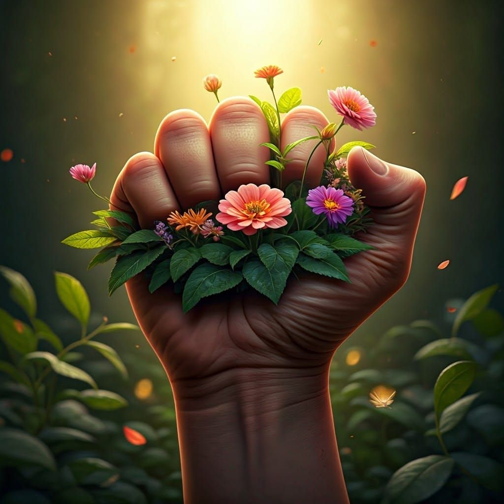 Miniature Garden Blooms from Fist in Spring Sunlight