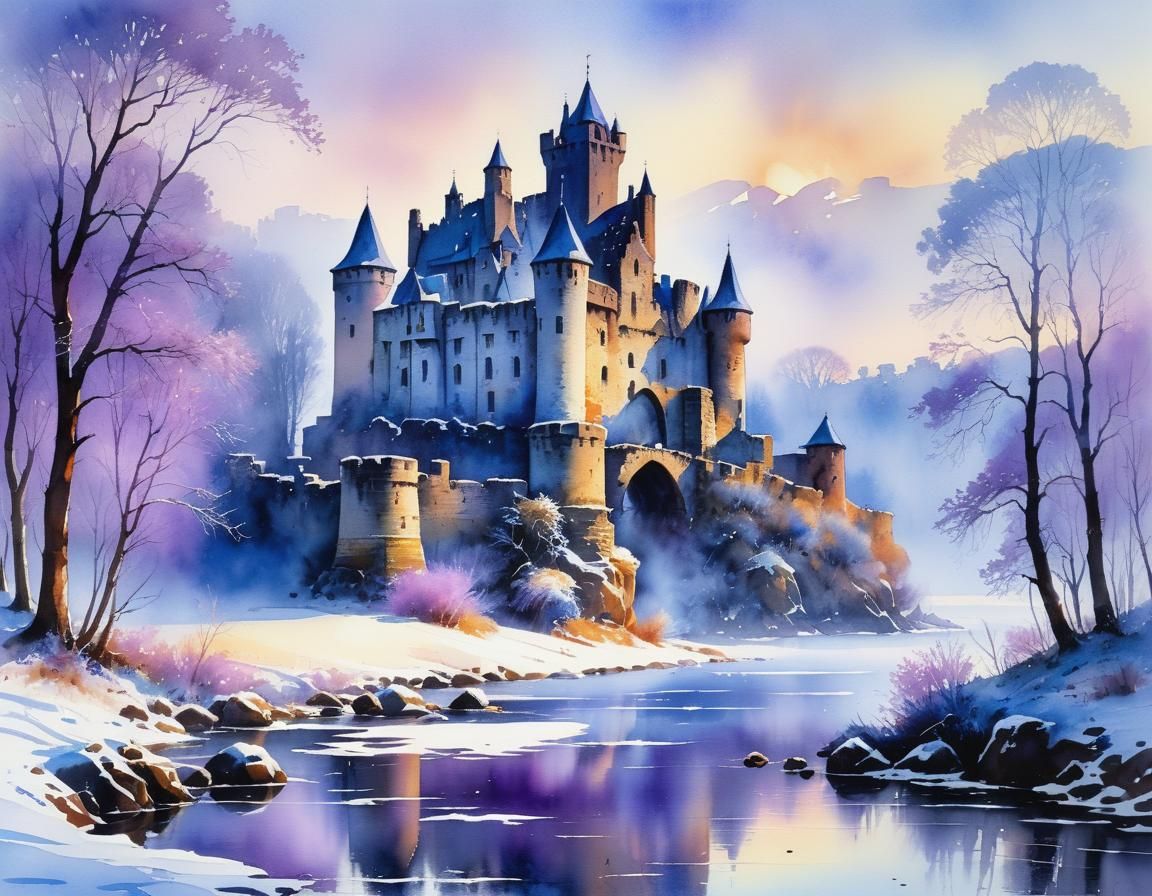 Castle Ruins in Misty Morning Light, Wet Watercolor