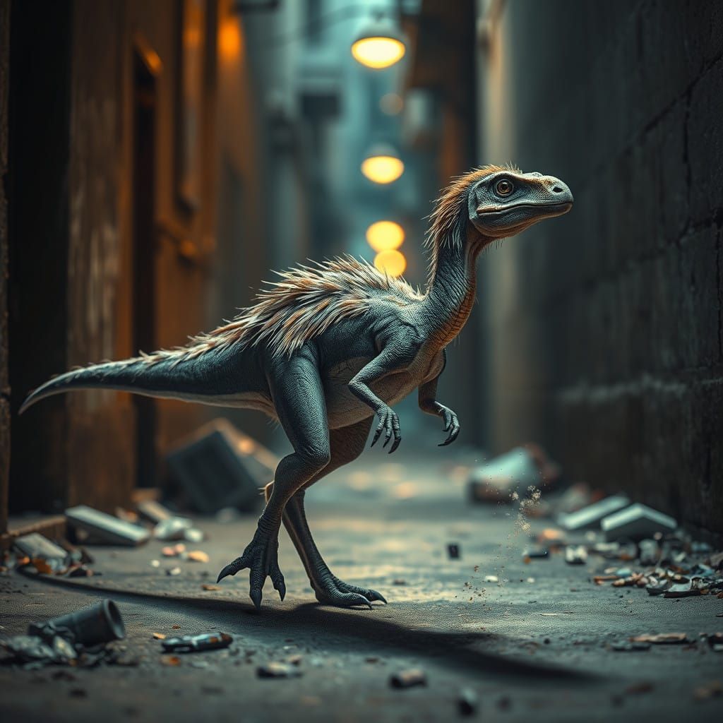 Muted Grey Dinosaur Stalks Deserted Alleyway