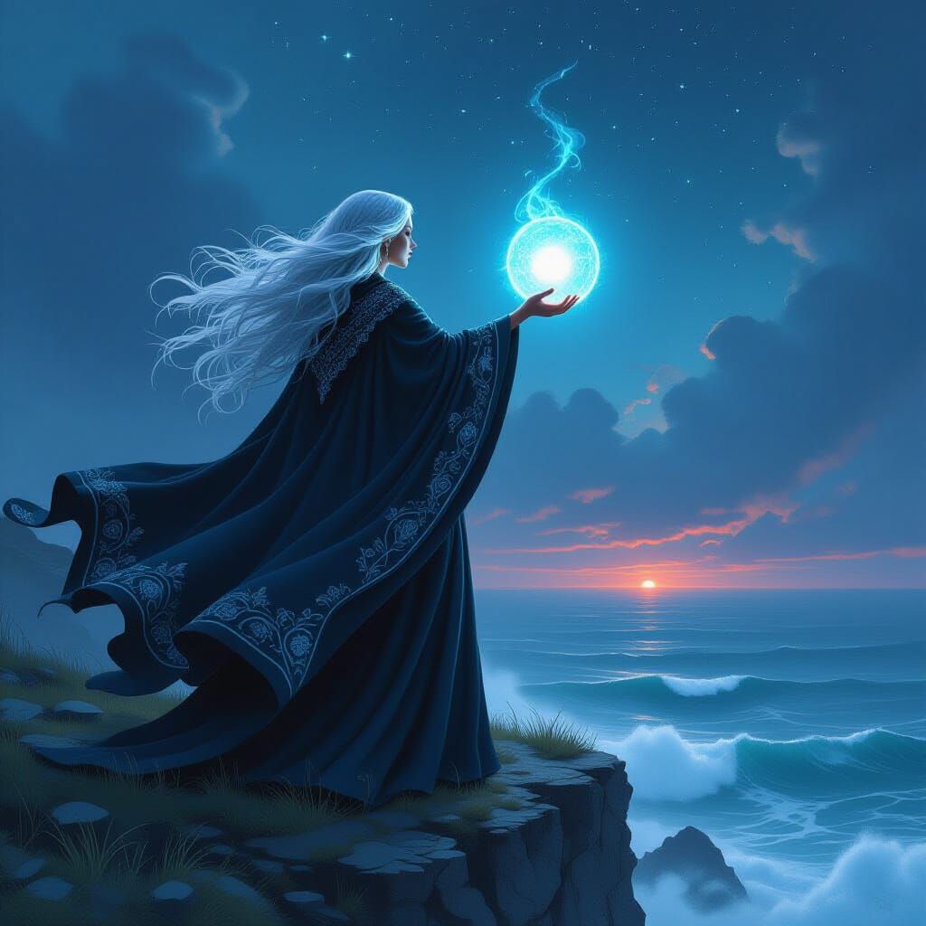 Witch on Cliff Overlooking Starry Sea