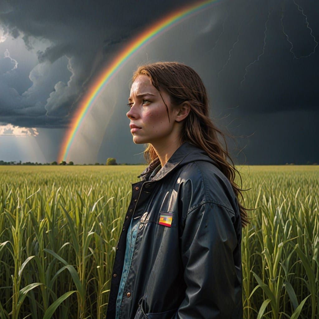 Girl, Rainbow, and Approaching Rainstorm in Field