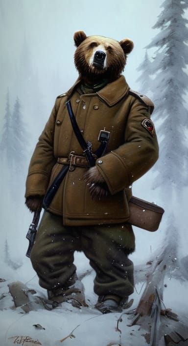 Grizzly Bear Soviet Soldier: Hyperdetailed Portrait