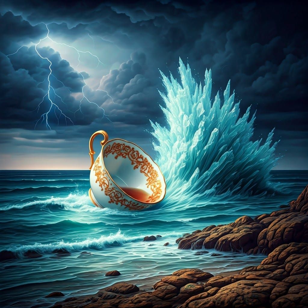 Teacup Spills into Tempestuous Sea: Surreal Art