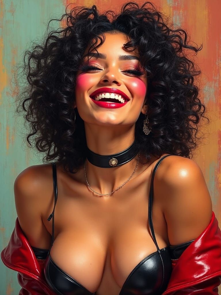 Joyful Woman in Bold, Dramatic Makeup, Exquisite Leather Out...