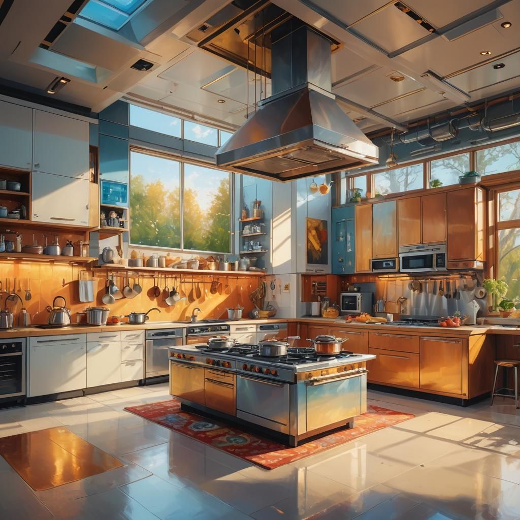 Futuristic Kitchen Island in Impressionist Oil Painting