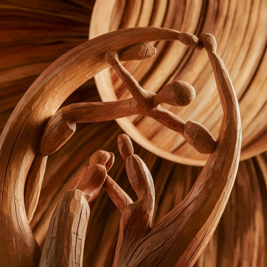 Abstract Wooden Sculptures in Warmly Lit Composition