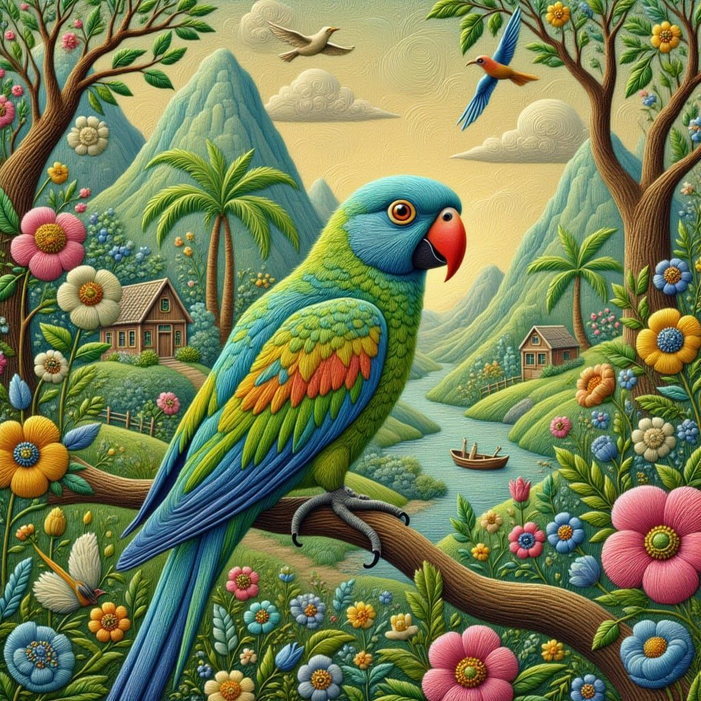 Surreal Tropical Bird Portrait in Pastel Embroidery Style