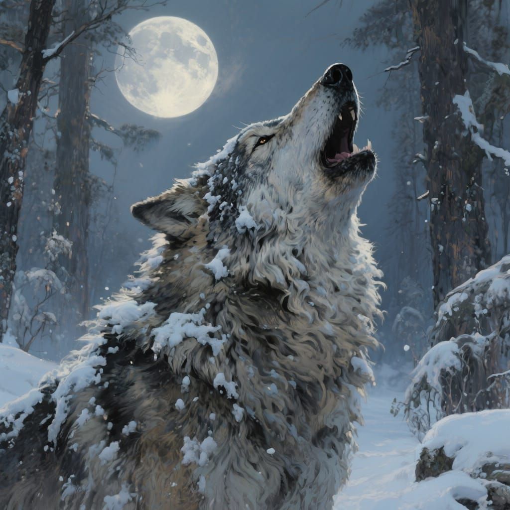 Majestic Wolf Howling at Moon in Snowy Forest